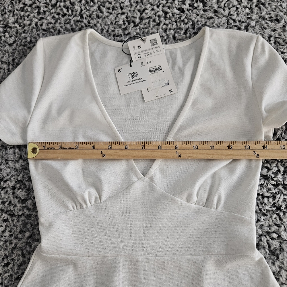 Zara White Mini Dress Small Short Sleeves V-Neck A-Line Graduation Bachelorette - Picture 8 of 10